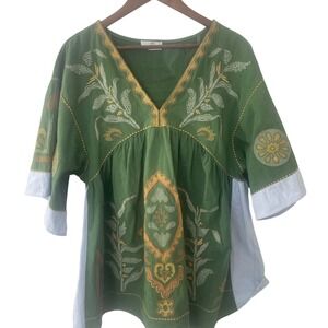 Green Embroidered Boho Tunic Top/Dress V-Neck Short Sleeve Sm Flowy Festival